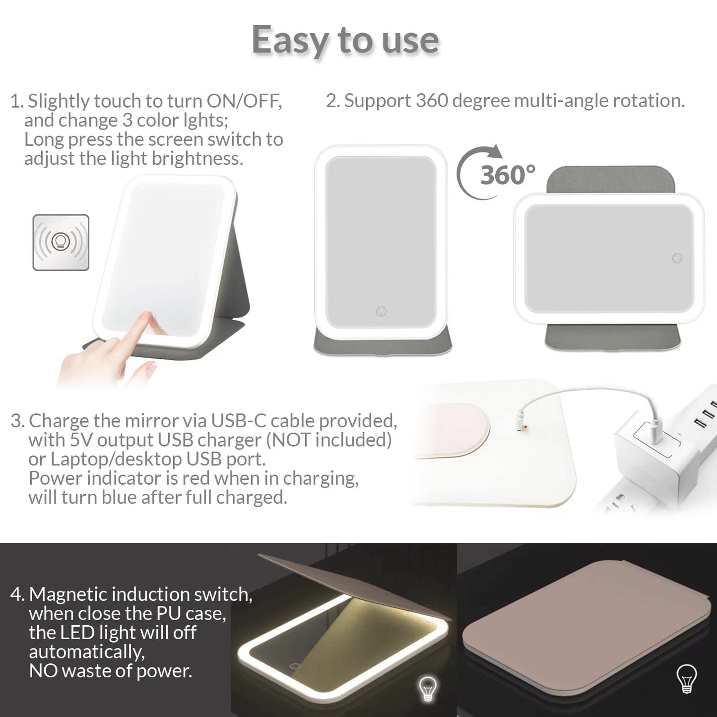 Uotowell Lighted Makeup Vanity Folding Mirror with LED Lights, Portable Travel Compact Mirror with 3 Adjustable Light Settings, Dimmable Touch Screen, USB Rechargeable, with PU case (Pink