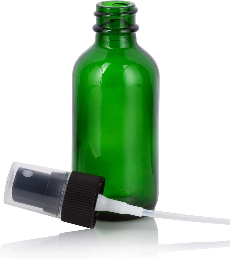JUVITUS Green Glass Boston Round Spray Bottles - 2 oz Fine Mist | 12 Pack with Funnel