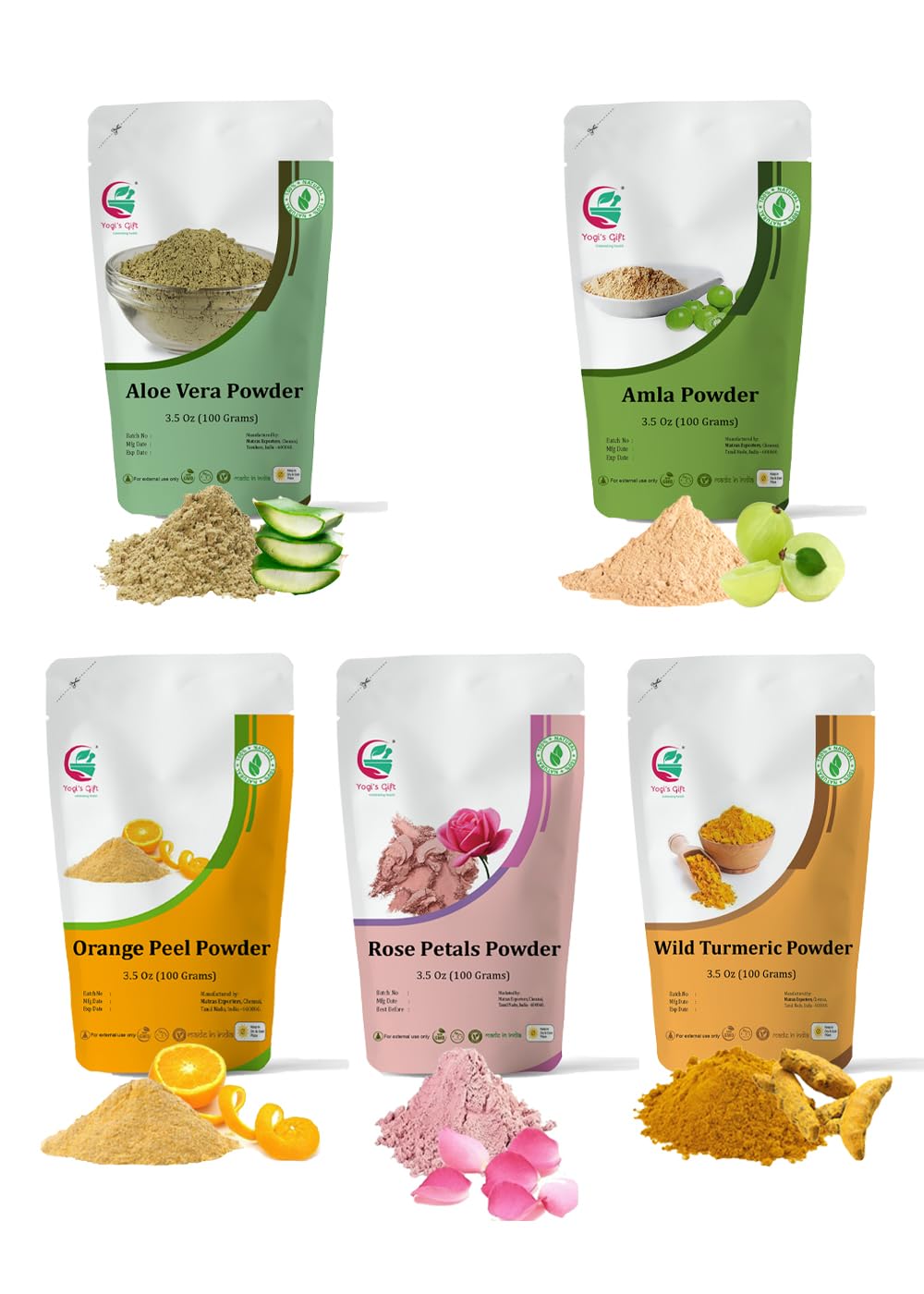 Herbal Skin Care Set - 5 Natural Face Mask Powders | Aloe Vera, Amla, Orange Peel, Rose & Wild Turmeric | 100g Each