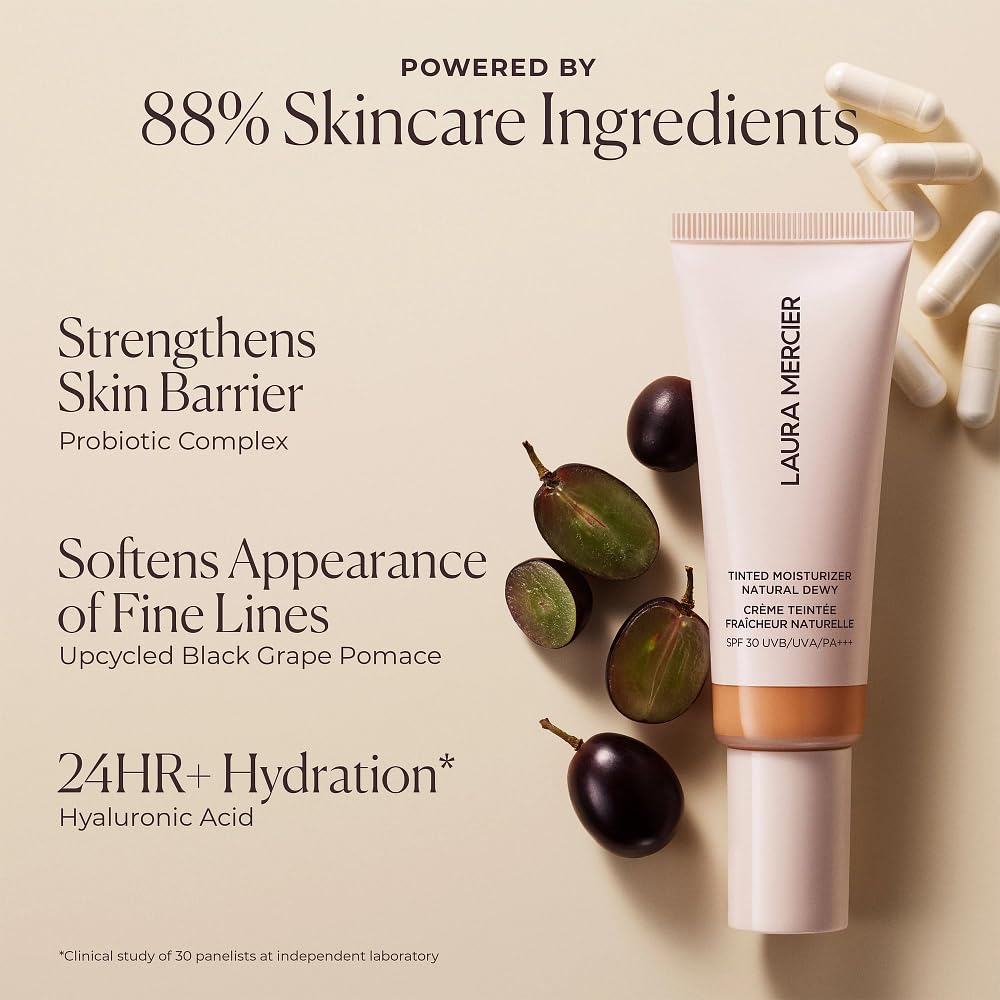 Laura Mercier Tinted Moisturizer Natural Dewy with SPF 30, 24HR+ Hydration & Longwear, Sheer to Light, Buildable Coverage, Dewy Finish, Improve Skin Tone and Texture, Skin Tint, 0N Silk Mini Size