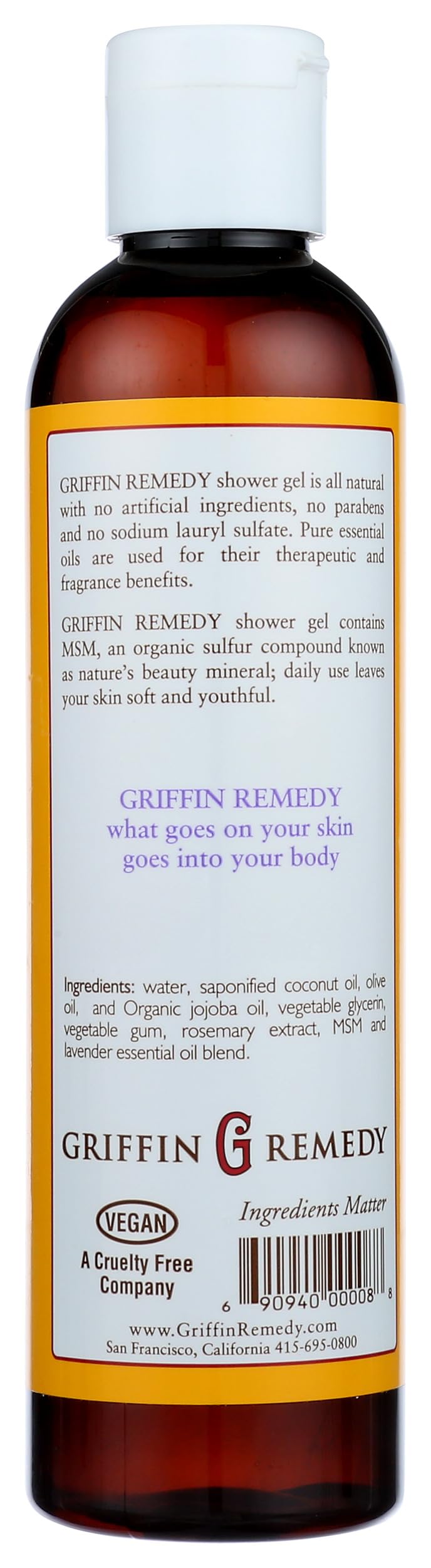 Griffin Remedy Shower Gel - All-Natural Calming Lavender Essential Oils and Organic MSM, Aromatherapy, Paraben Free, Sulfate Free 8 fl oz, 1 count