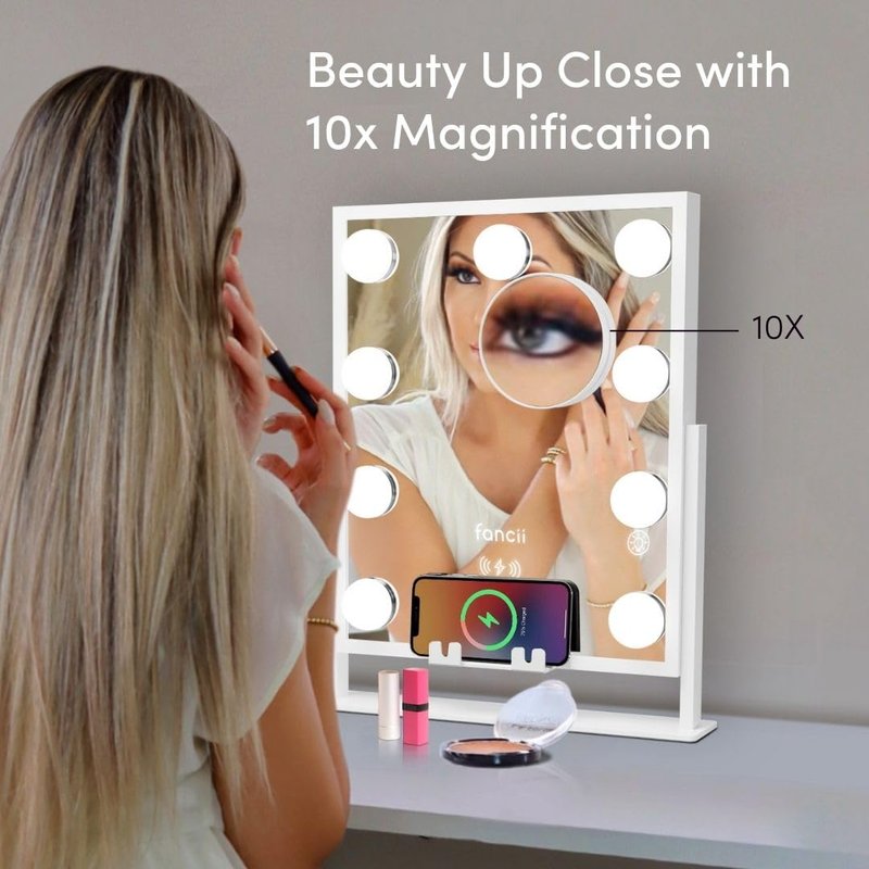 Fancii Vanity Mirror with Lights, BT Speaker, Wireless Charging - Detachable 10X Magnifying Mirror, 9 Hollywood Bulbs, LED Lighted Makeup Mirror with Phone Stand, 3 Color Modes, Adjustable Tilt