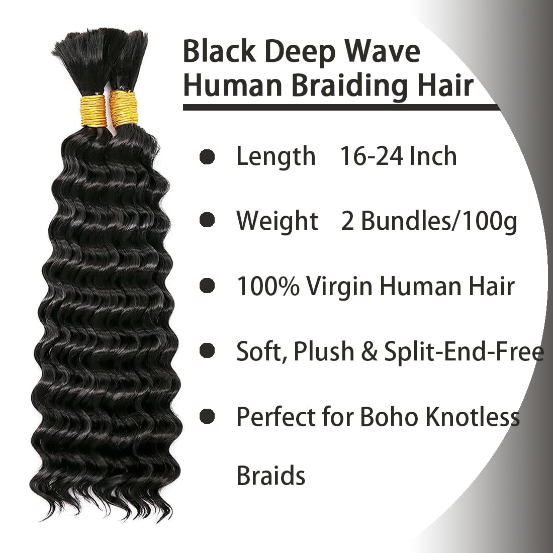 Leruikair Deep Wave Natural Black Human Braiding Hair 50g Per Bundle 2 Pcs Total 100g 16 Inch Brazilian Virgin Bulk No Weft Braiding Human Hair Natural Color for Black Women