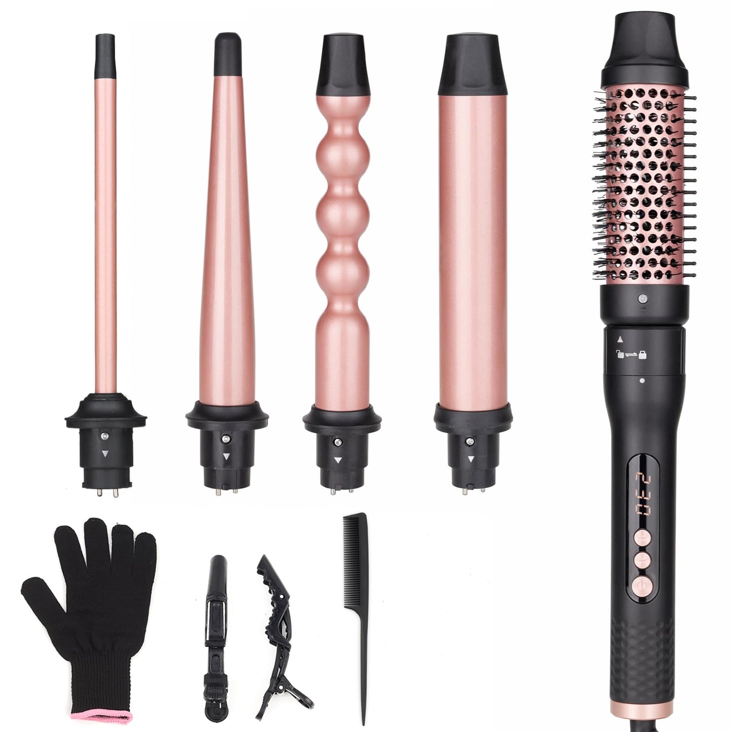 UNOBEY 5 in 1 Curling Iron Brush Set with Thermal Brush and 4 Interchangeable Ceramic Curling Wand(0.5”-1.25”), Fast Heating, Dual Voltage, Include Glove