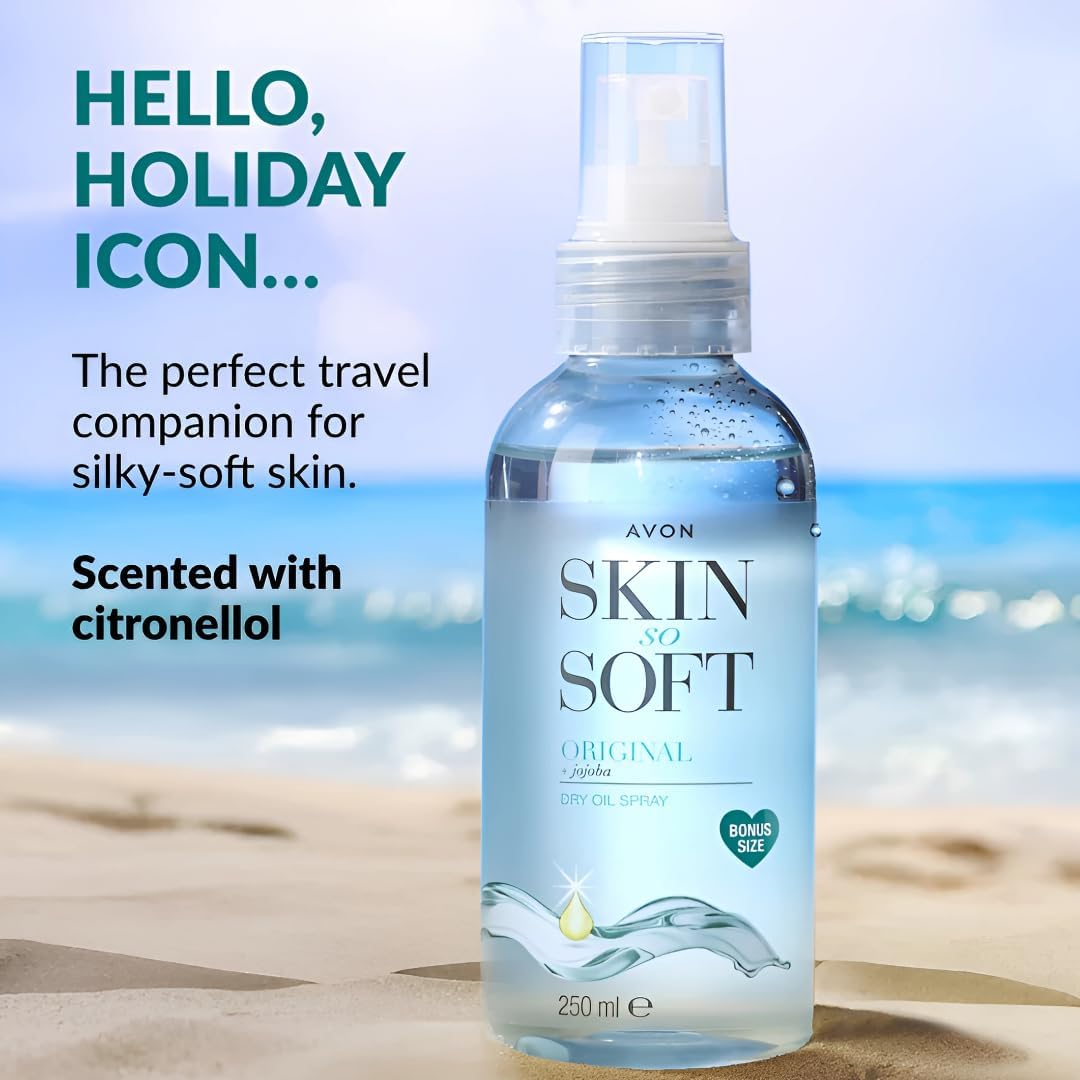 AVON SKIN SO SOFT Original Jojoba Dry Oil Spray 8.45 Fl oz – |Moisturizing Body Oil with Vitamin E | After Shower Body Oil, 250ML (2- PACK)