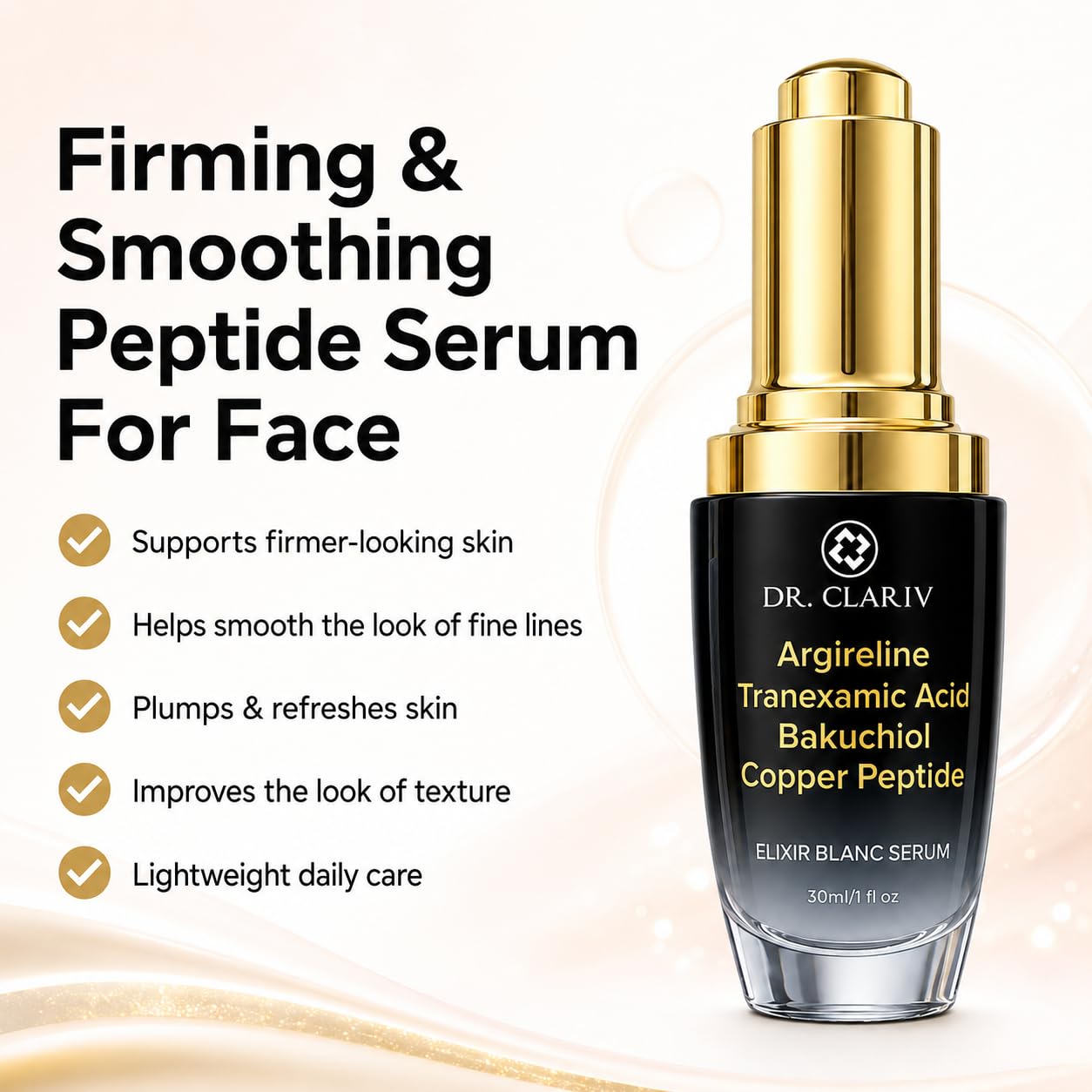 DR. CLARIV Argireline Peptide Serum with Tranexamic Acid, Bakuchiol & Copper Peptide, Daily Face Serum for Fine Lines, Firm Feel, Smooth Texture & Hydration, Lightweight Anti Aging Serum, 1 Fl Oz