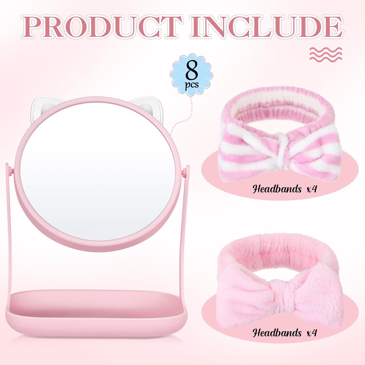 DoubleFill 8-Piece Spa Party Supplies Set | Cat Table Mirrors & Pink Bow Headbands for Slumber Birthday Parties