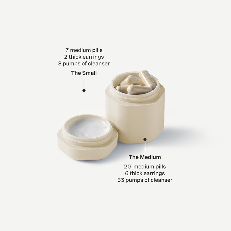 Cadence Travel Containers - 2pk (1 Small, 0.56oz + 1 Medium, 1.32oz), Sand - TSA Approved, Leak Proof, Magnetic Basic Body Care Capsules - Carry On Travel Essentials - Body Wash & Lotion Labels