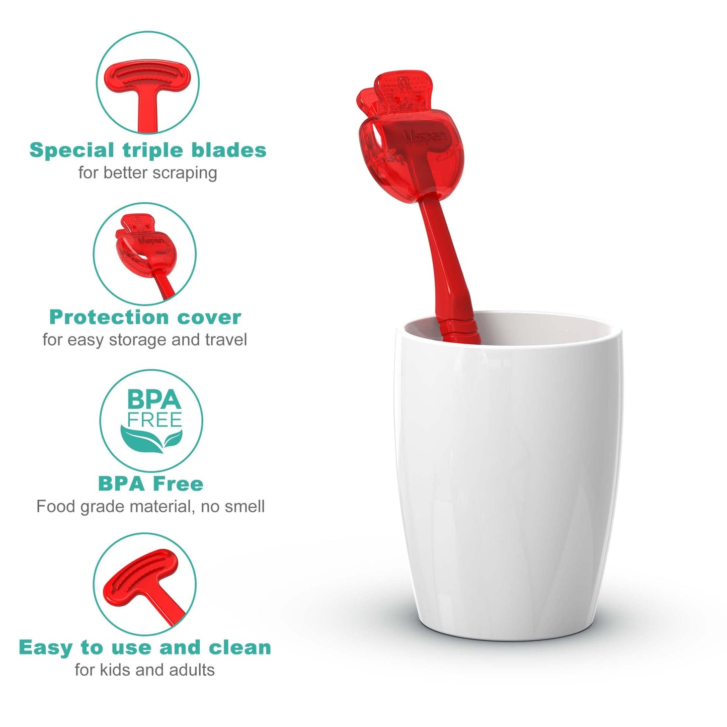 Mspan Tongue Scraper Cleaner for Adults: Tongue Brush Cleaning Scrubber with Plastic Travel Case Cap - Clean Bad Breath Dental Oral Care Red Purple 2 Pack