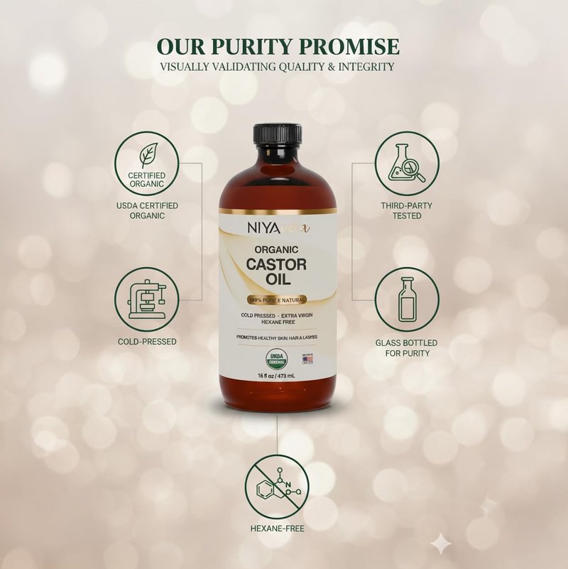 terravera Niyavera Organic Castor Oil USDA Certified 16oz - 100% Pure Golden Cold Pressed Unrefined Hexane Free for Hair Growth, Eyelashes, Eyebrows, Skin - Glass Bottle with Pump
