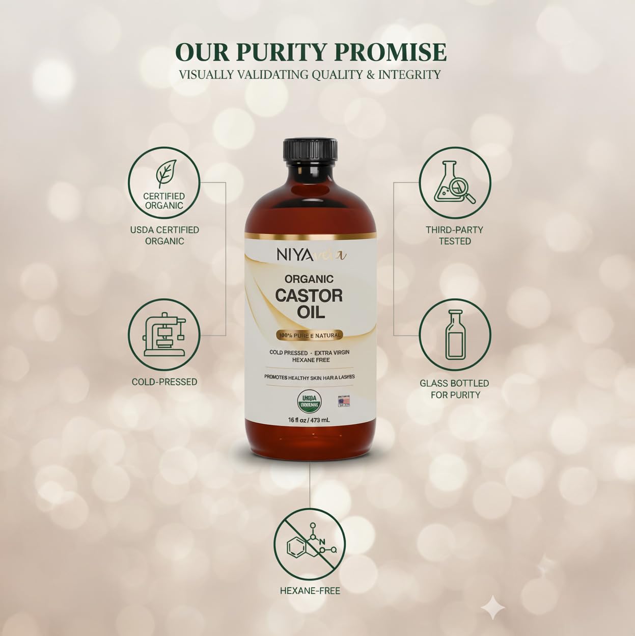 terravera Niyavera Organic Castor Oil USDA Certified 16oz - 100% Pure Golden Cold Pressed Unrefined Hexane Free for Hair Growth, Eyelashes, Eyebrows, Skin - Glass Bottle with Pump