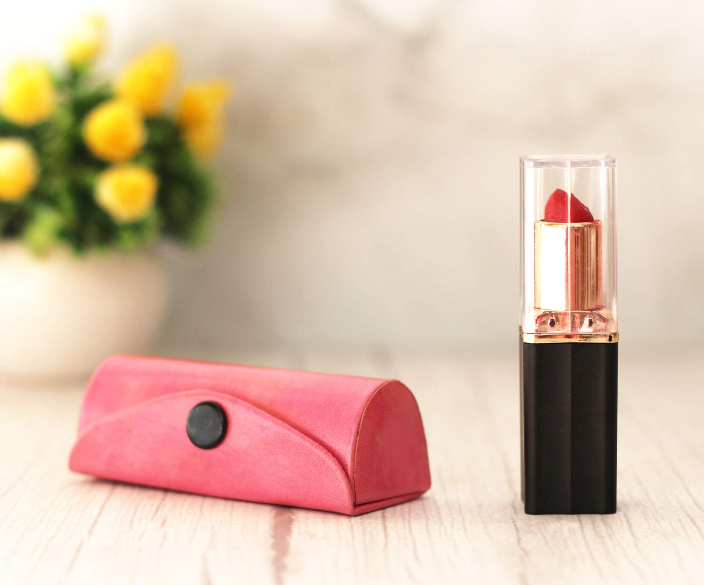 ARTISENIA Set of 2 Leather Lipstick Case Holder Organizer Bag for Purse lipstick holder Durable Soft Leather | Cosmetic Storage Kit With Mirror (Pink & Black)