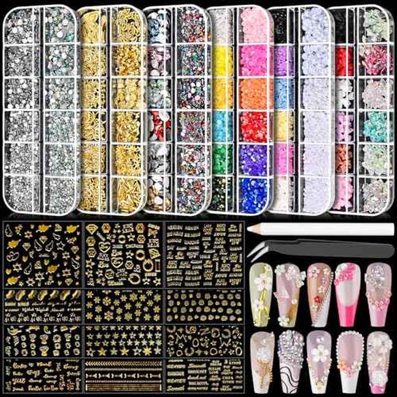 Nail Charms Art Kit with 30 Sheets Gold Nail Stickers and 6 Boxes of Nails Gems with Manicure Art Tools for 3D Nails Supplies DIY Charms and Rhinestones