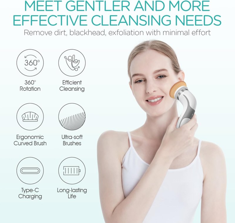 VOGOE Facial Cleansing Brush - Rechargeable Spin Exfoliator with 2 Brush Heads | 2-Speed Electric Face Scrubber in Grey