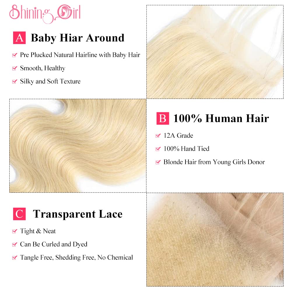 613 Blonde Lace Closure Body Wave 4x4 Invisible Transparent HD Lace Closure Only 12A Virgin Remy Human Hair Closure 100% Russian Blonde Human Hair Extensions Pre Plucked with Baby Hair 16 Inch