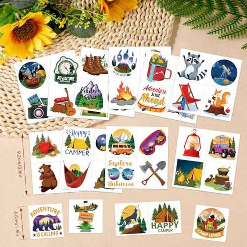 Konsait 96Pcs Camping Temporary Tattoos, Pre-Cut Camping Party Decorations Tattoos Stickers Campings Party Favors, Camp Gifts Camping Fun Stuff Accessories Party Ideas