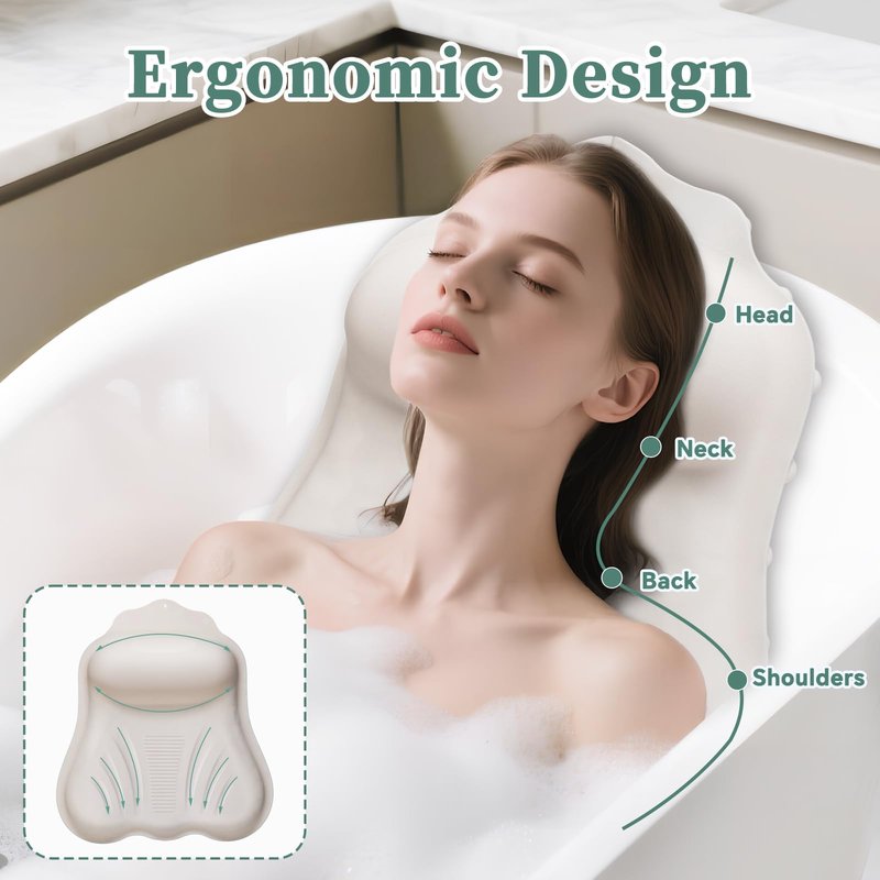 Luxury Silicone Bath Pillow for Tub, New Cloud-Soft 4D Air-Cushion Bathtub Pillow for Head and Neck & Back Support, Strong Suction Cups, Waterproof Quick-Dry Bathtub Headrest (White)
