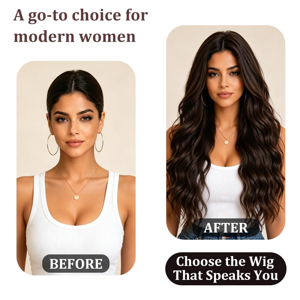 Long Brown Wig for Women Natural Looking Wavy Curly Synthetic Hair Wig Tangle Free Heat Resistant Comfortable for Daily Wear
