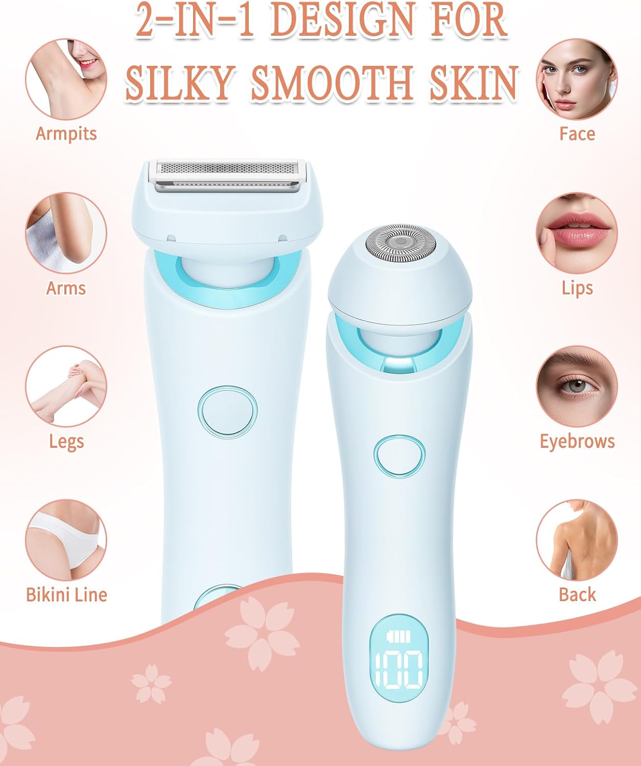 Bikini Trimmer for Women - Dual Head IPX7 Waterproof Electric Razor | Painless Cordless Shaver for Pubic Hair, Face & Legs (Blue)