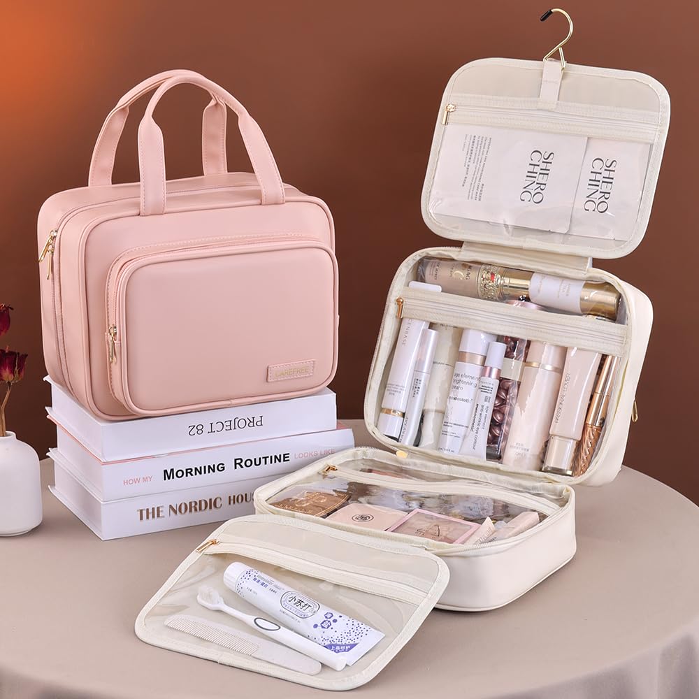 Waterproof Leather Toiletry Bag for Women, Hanging Travel Toiletry Bag with Hanging Hook, Large Travel Makeup Bag Cosmetic Organizer for Toiletries, Bathroom Shower, Makeup Accessories (Brown)