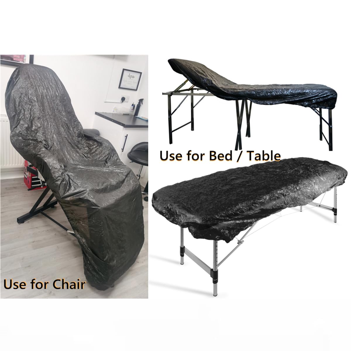 PROINKDOTS Tattoo Bed Covers Fitted Disposable Massage Table Sheets 83 x 35 inches (Pack of 10) Chair Cover with Elastic Waterproof Plastic Lash Sheets Protector for Tattoo Supplies SPA Black