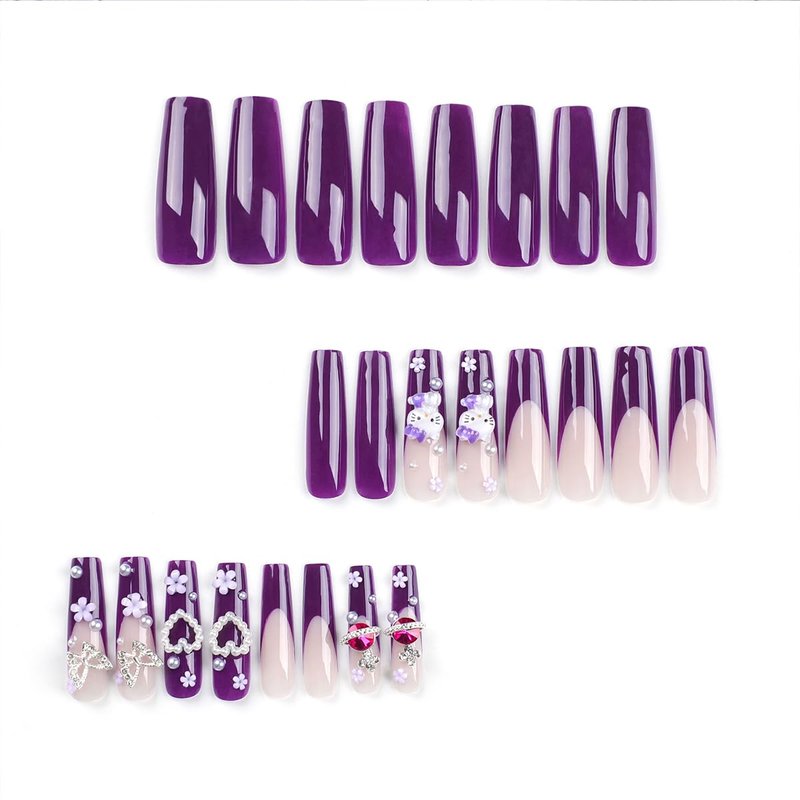 Cartoon Press Long Square Fake Nails - Purple French Tip, Heart & Butterfly Charm, Y2k Acrylic Nails, Full Cover False Nails for Women & Girls - 24 Pcs