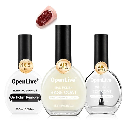 OpenLive 3PCS 16.5ml Quick Dry Base and Top Coat Nail Polish and Gel Remover Set, Base and Top Coat No U V Lamp Curing, Gel Polish Remover for Quick and Easy Removal At Home