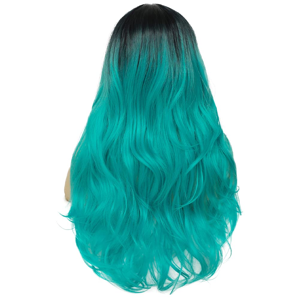 Swiking Curly Ombre Bluish Green Wigs for Women Long Wavy Natural Middle Part Dark Roots Blue Wave Hair Wigs Synthetic Wig for Party Cospaly Halloween