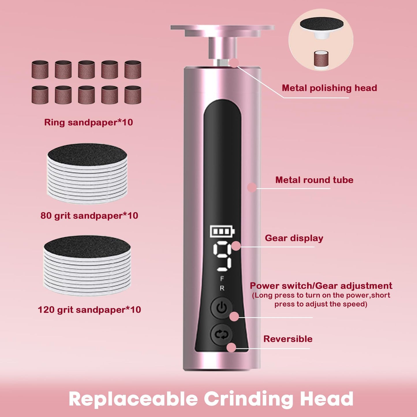2 in 1 Electric Foot Callus Remover - with Nail Drill File, Aluminum Alloy, 11000RPM, 9 Speeds, with Digital Display, 10 Grinding Heads & 20pcs Sandpaper Discs,Cordless Rechargeable (Pink)