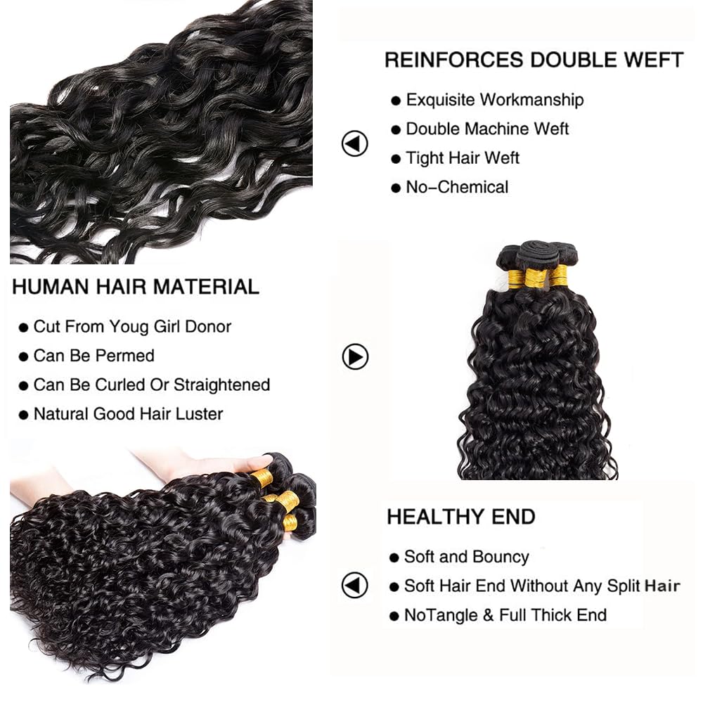 Water Wave Bundles Human Hair Wet And Wavy Human Hair Bundles Double Weft Natural Black Color 12 14 16 Inch Brazilian Virgin Remy Hair Extensions For Women 300G