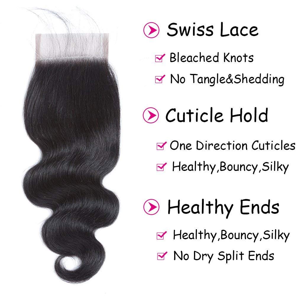 DMS Body Wave Human Hair Lace Closure 4x4 Free Part Swiss Lace Closure 12A Brazilian Virgin Hair Top (14 Inch)