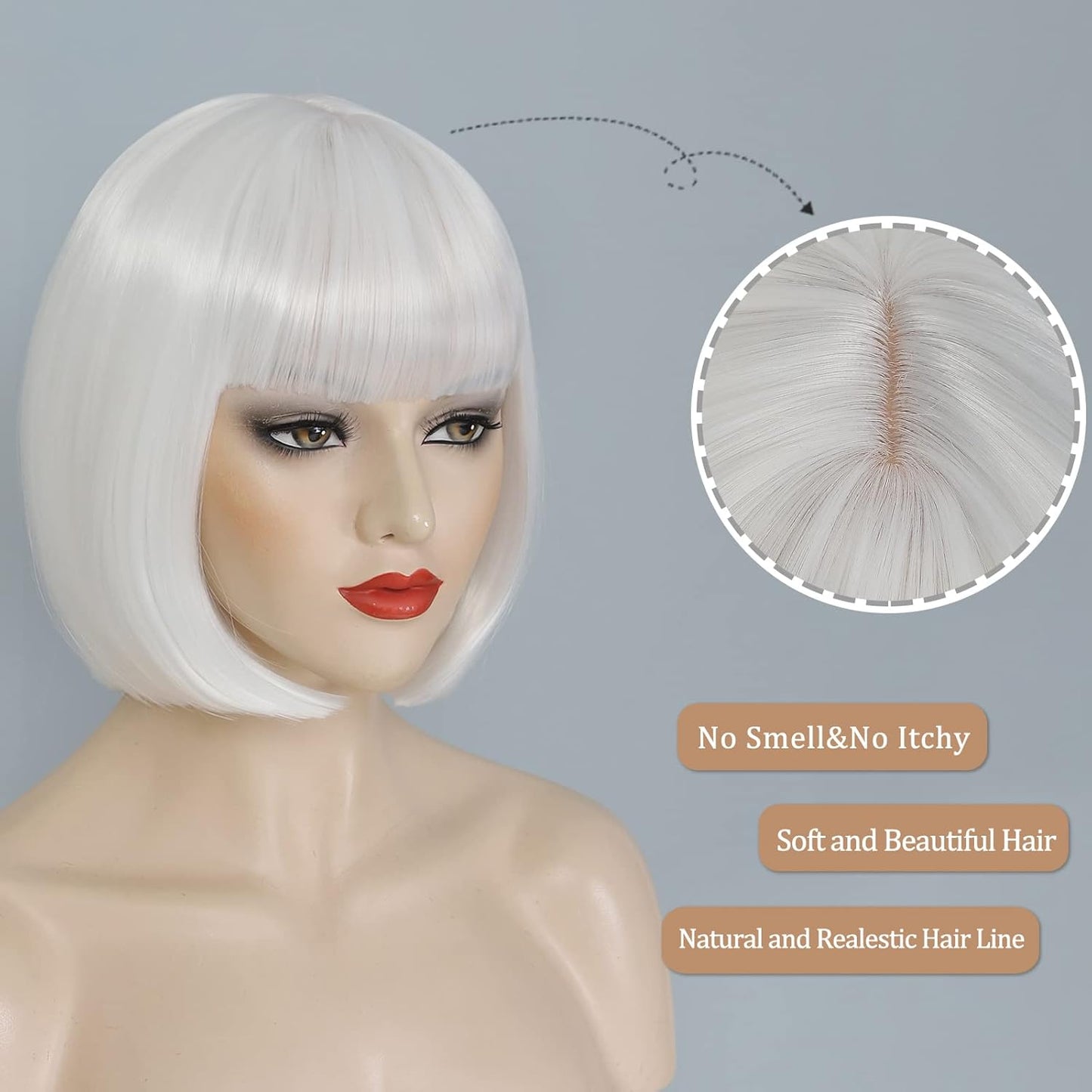 White Bob Wig With Bangs - 10 Inch Heat Resistant Synthetic Hair | Natural Look for Daily Wear & Parties