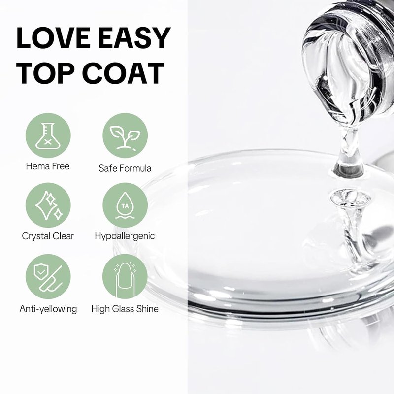 Love easy Top Coat for Nails, No Wipe High Glass Long Lasting 28+ Days, Chip Scratch Resistance Anti-yellowing Glossy Shine Manicure, Brush on Friendly for Home DIY Beginner (U V Lamp Needed)