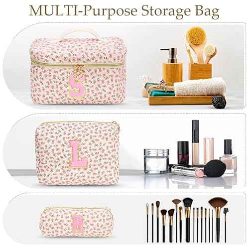 3 PCS Travel Makeup Bag Set,A-Z Initials Cotton Make up Bag Floral Quilted Cosmetic Bag for Girls and Women,Personalized Christmas Gifts,Cute Toiletry Travel Accessories Brushes Bags-E