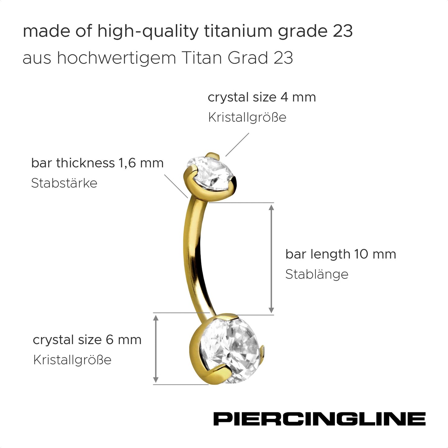 PIERCINGLINE Titanium belly button ring with internal thread and 2 CRYSTALS | Navel Ring Belly Piercing 14G 10 mm