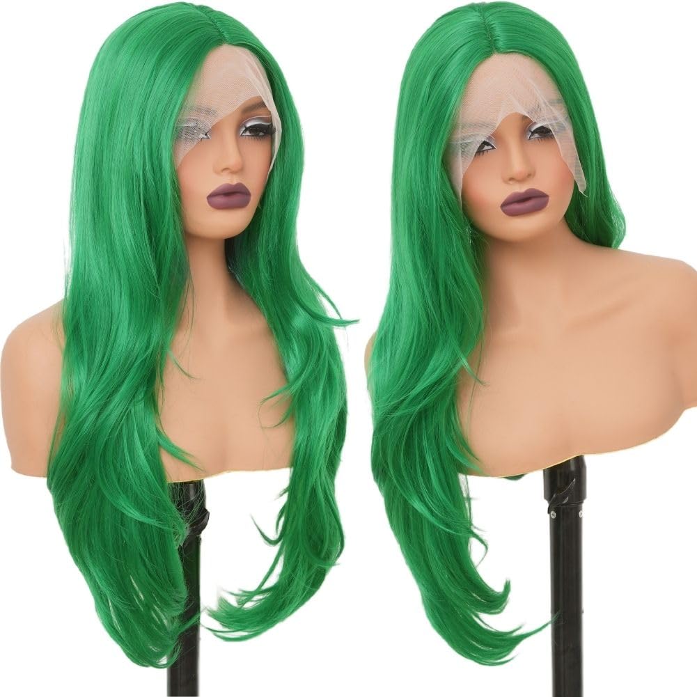 Siudus Green Lace Front Wigs for Women Long Curly Middle Part Wig Wavy Cosplay Heat Resistant Fibre Hair Wig for Halloween Costume Party Use