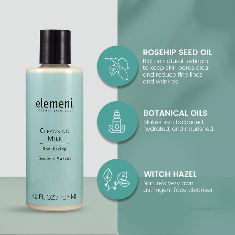 elemeni Skin Care Cleansing Milk - Vegan Organic Makeup Remover | pH Balanced Facial Cleanser Removes Dirt & Impurities | Oil Free Eye Makeup Remover & Gentle Cleanser for Sensitive Skin, 4.2 Fl Oz