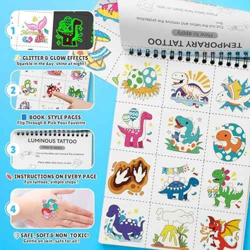 Partywind 192 Styles Glow & Glitter Temporary Tattoos Book for Kids, 16 Themes Kid Temporary Tattoos for Party Favors Classroom Prizes,Tattoos for Kids Birthday Supplies Goodie Bags Stuffer
