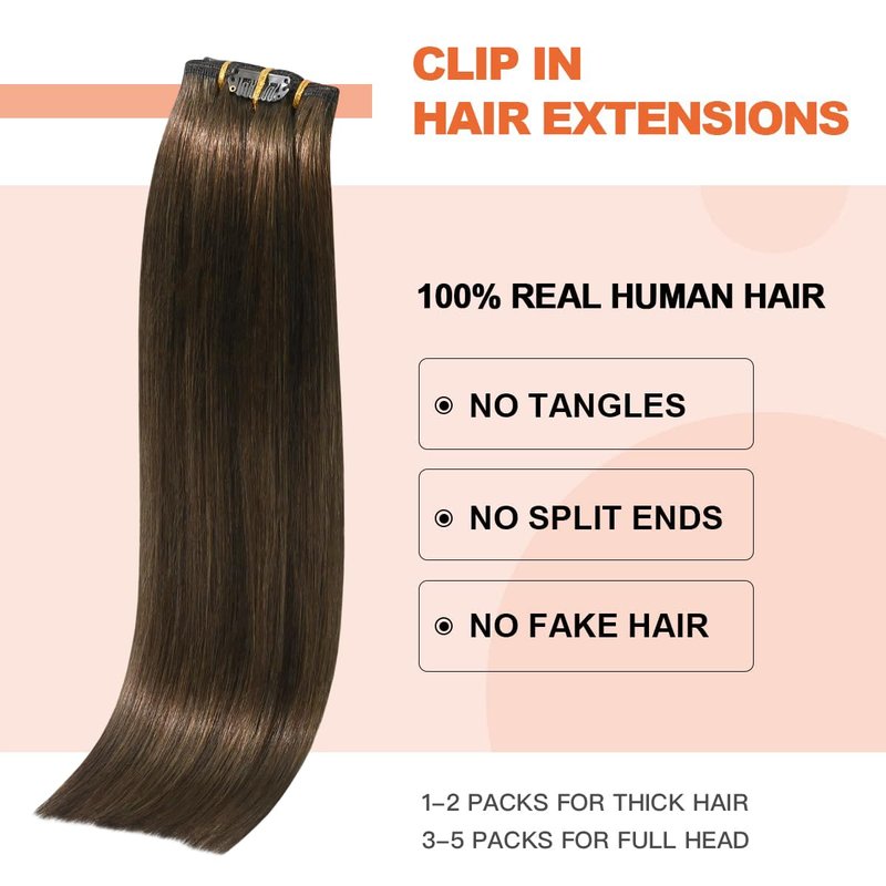 Real Human Hair Clip-In Extensions - Medium Brown 12 Inch, Soft & Natural Straight, 70g, 7pcs | #4 Chocolate Brown