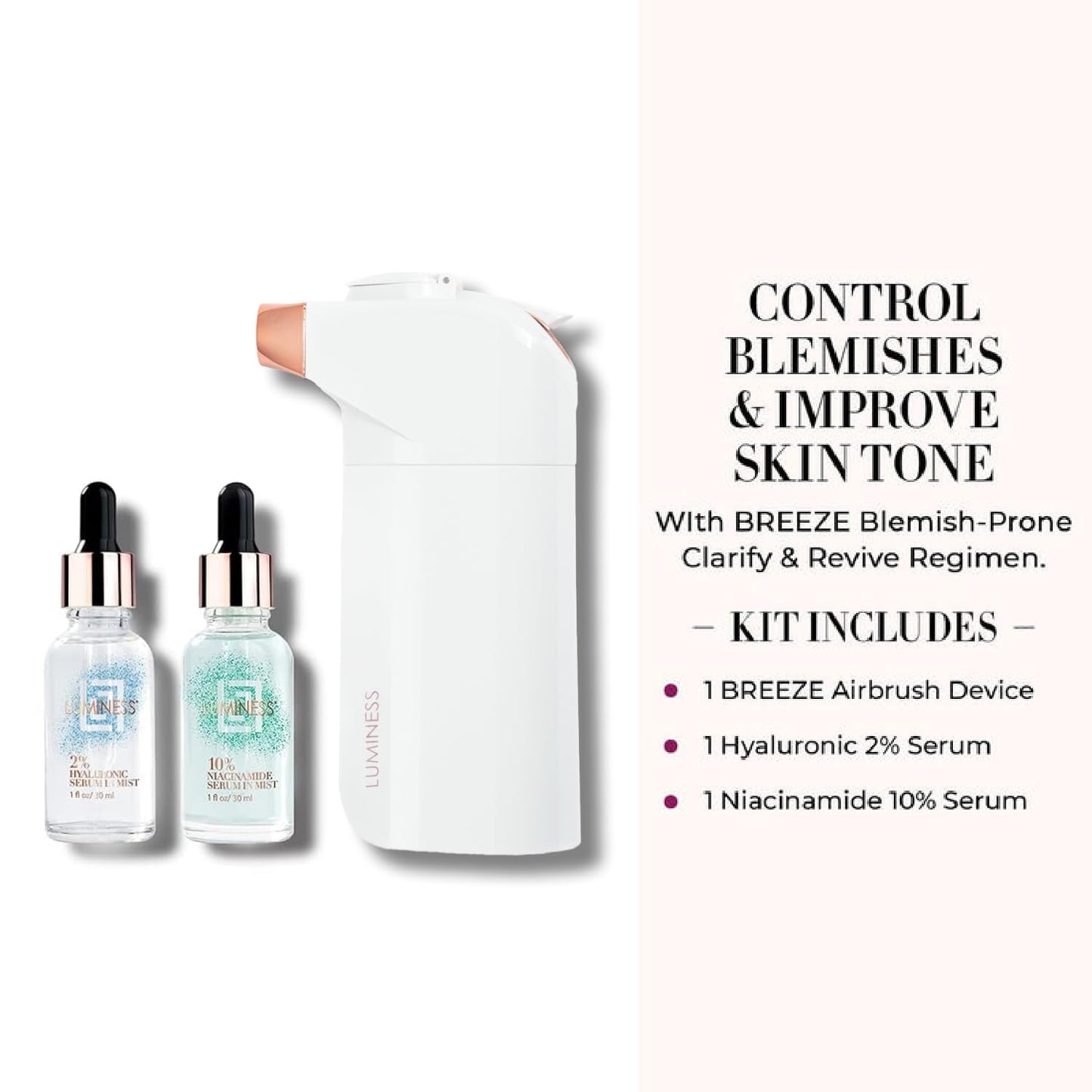 LUMINESS Blemish Prone Airbrush Skincare, Clarify & Revive - Includes Breeze Airbrush Device, Hyaluronic 2%, & Niacinamide 10% Facial Serums - Restore Skins Moisture and Targets Blemishes & Pores