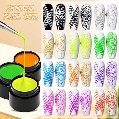 12 Colors Luminous Spider Gel, Glow In The Dark Spider Gel for Nail Art, Elastic Wire Drawing Gel for Line with Brush, Soak off UV LED Drawing Gel Nail Art Design Gel with Neon Fluorescent Effect