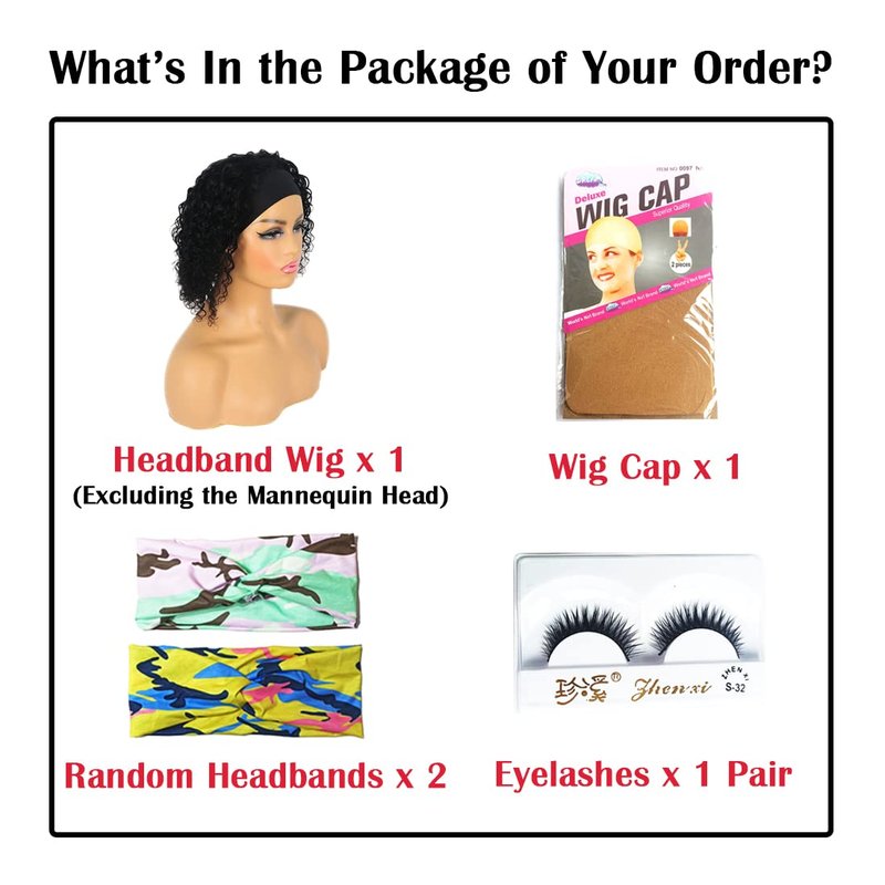 Short Curly Headband Wigs Human Hair Wig for Black Women, Glueless Kinky Curly Weave Wigs 100% Unprocessed Hair None Lace Front Wigs Color 1B 150% Density (10", 1B, Curly)