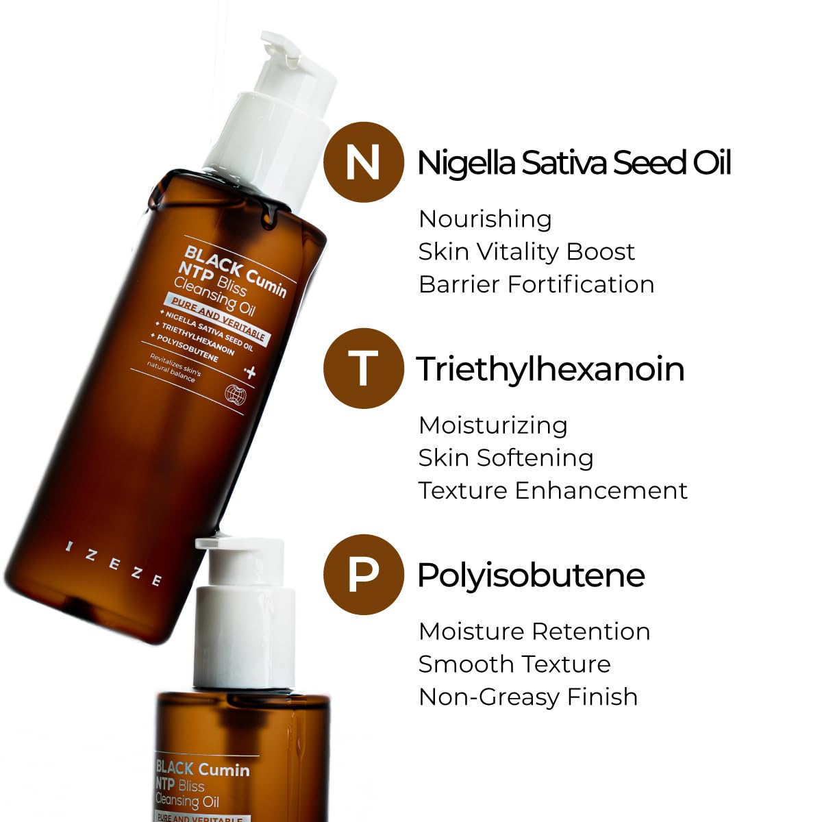 IZEZE Black Cumin NTP Bliss Cleansing Oil | Blackhead Remover, Makeup Remover, Deep Facial Cleanser, Clear Pore, Sebum Control, Korean Face Oil, 6.76 fl.oz