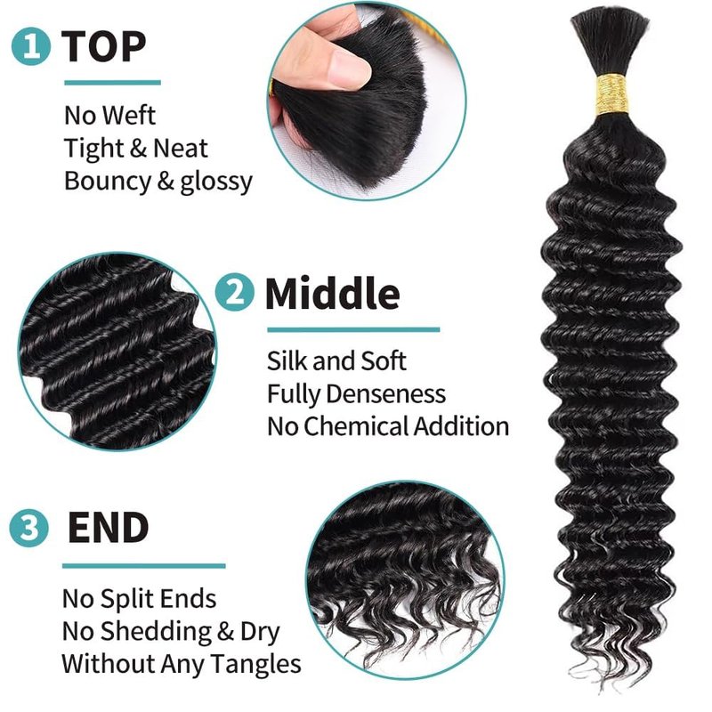 Deep Wave Human Braiding Hair for Boho Braids 16 Inch Boho Human Braiding Hair Curly No Weft 90g 2 Bundles 10A Brazilian Virgin Curly Hair Extension Wet and Wavy Natural Black