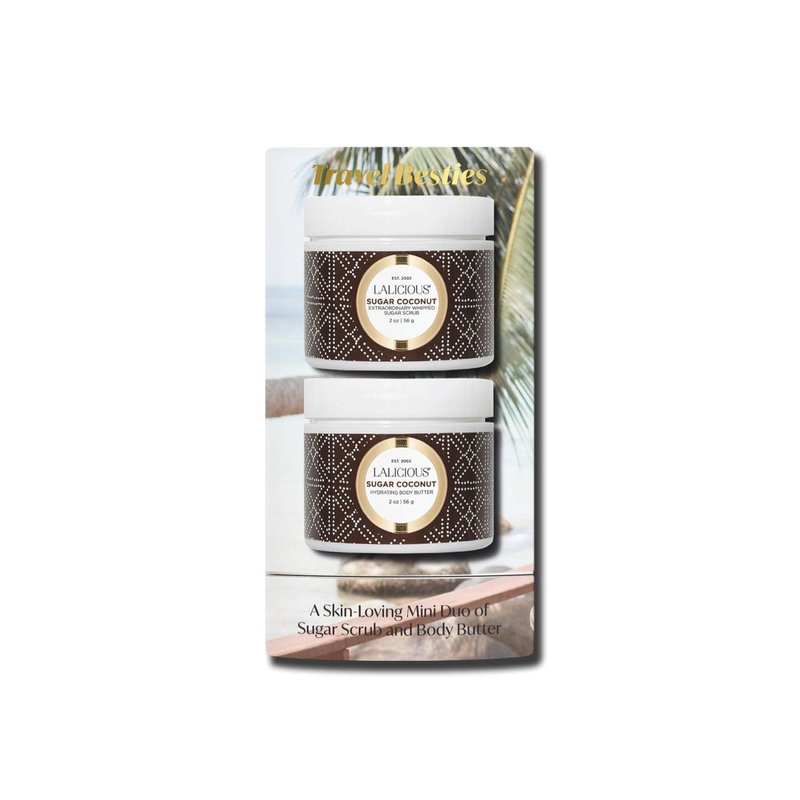 LALICIOUS Sugar Coconut Travel Besties Set - 2-Piece Gift Set Included Travel Size Whipped Sugar Scrub & Hydrating Body Butter | Moisturize, Hydrate & Nourish Skin