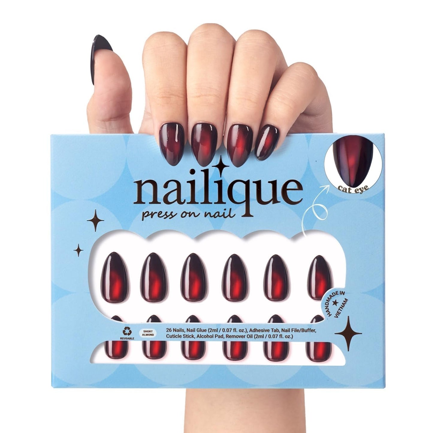 Press On Nails Short Almond - Handmade Cat Eye Soft Gel in Dark Black Red | 26 Reusable Nail Tips with Lamp-Curable Glue for Glam Valentine Wedding Manicure
