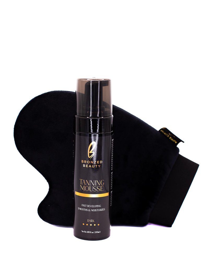 Bronzed Beauty Dark Tanning Mousse Kit – 6.7fl oz Self-Tanning Mousse with Mitt Bundle – Deep Natural Bronze Shade – Stain-Free, Even Application – Nourishing Self Tanner with Vitamin E and Aloe Vera