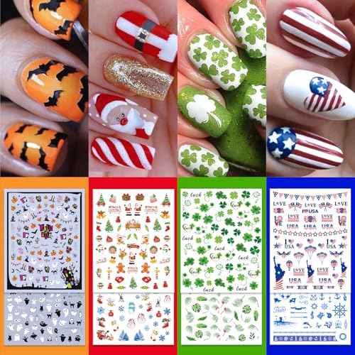 24 Sheets Seasonal Nail Art Stickers, Four Season Variety Pack All Holiday Nail Decals, Self-Adhesive Varied Design for Flowers Butterflies Halloween Christmas Spring Summer Fall Decoration