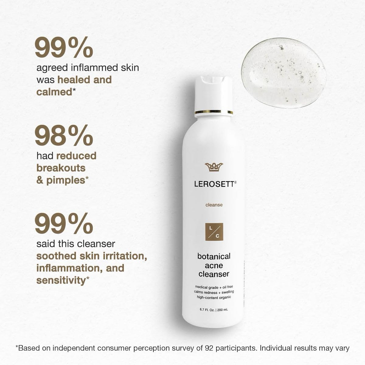 LEROSETT Botanical Acne Cleanser, Foaming Gel Face Wash for Acne Prone, Vegan, Blackheads & Oily Skin 50% Calming Aloe, 2% Salicylic Acid, All Skin Types. Vegan - 6.7oz 60-Day