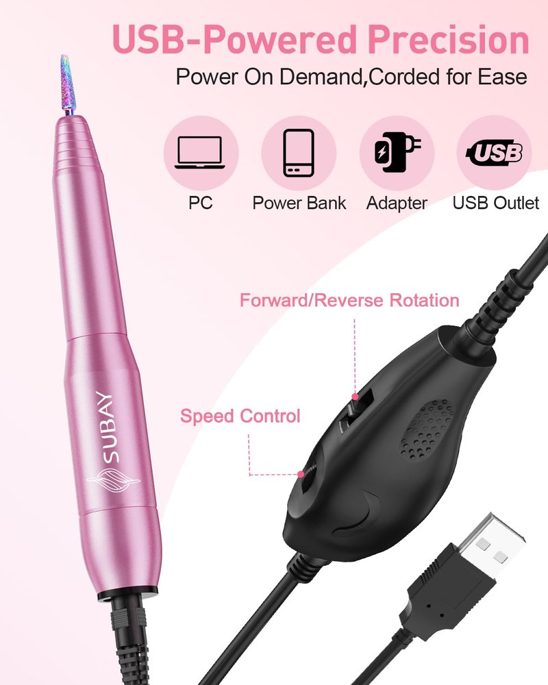 Electric Nail Drill - Portable Manicure & Pedicure Tool for Acrylic Gel Nails | 6 Bits & 26 Sanding Bands - Pink